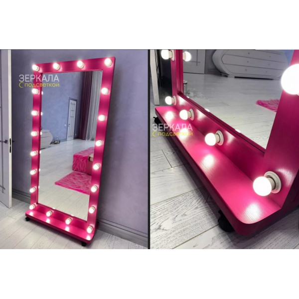Выполненная работа: зеркало в пол с контурной подсветкой лампочками в розовой рамке